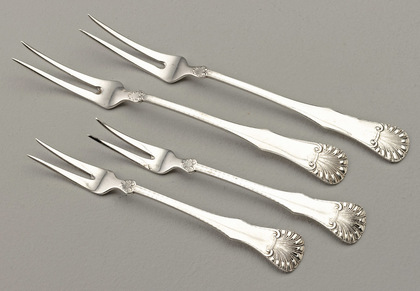 Norwegian Silver Serving or Pickle Fork Set (4, 2 large & 2 small) - Dronning Pattern, Tostrup